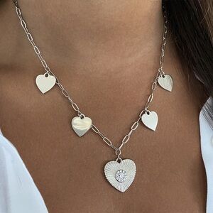 Jennifer Miller Silver Multi Heart Disc & CZ Heart Textured Charm Chain Necklace